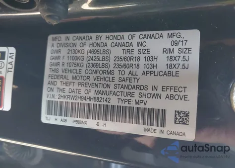 2017 Honda Cr-V Touring из США, поврежденный, VIN 2HKRW2H94HH682142